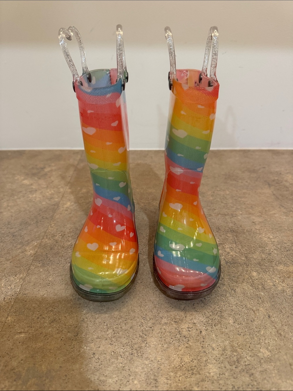 Western Chief Kids Rainbow Heart Rain Boots - Multicolor with Silver Pull Loops